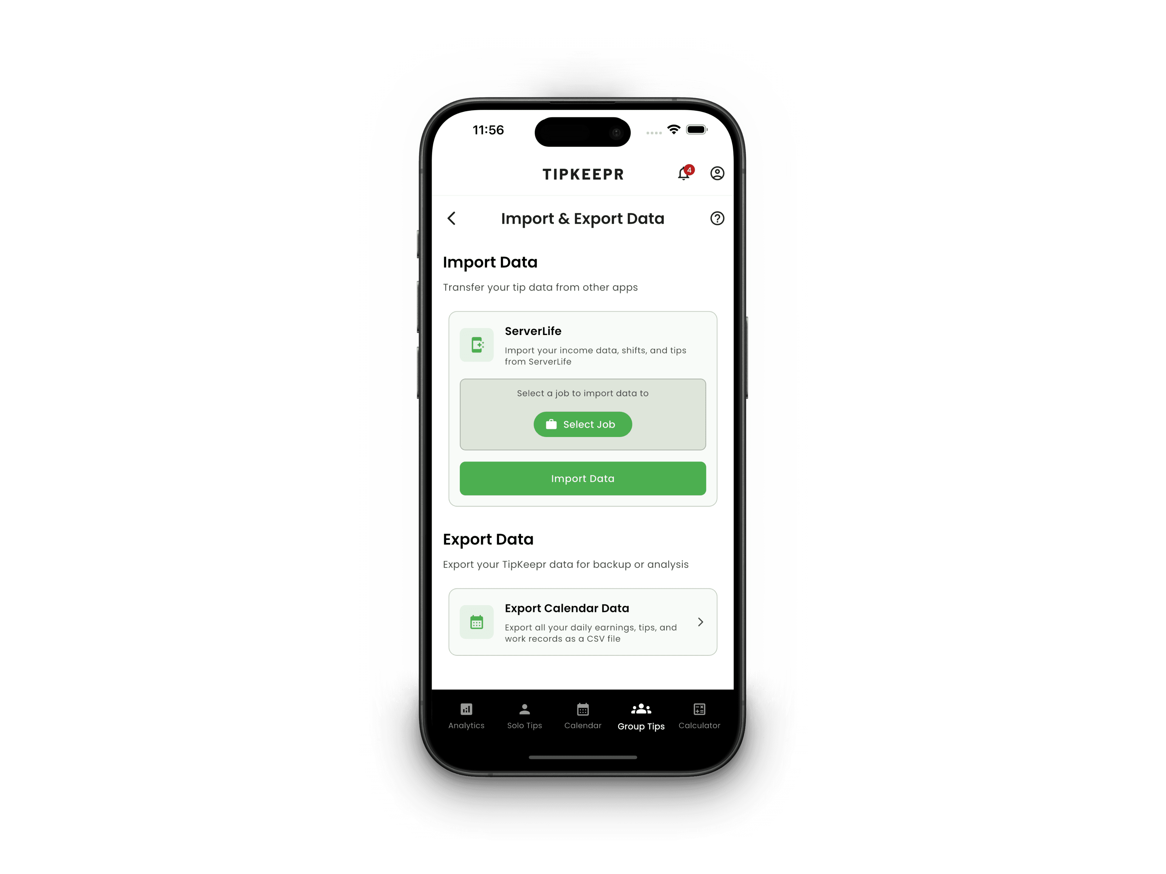TipKeepr Import and Export Data screen for ServerLife CSV history