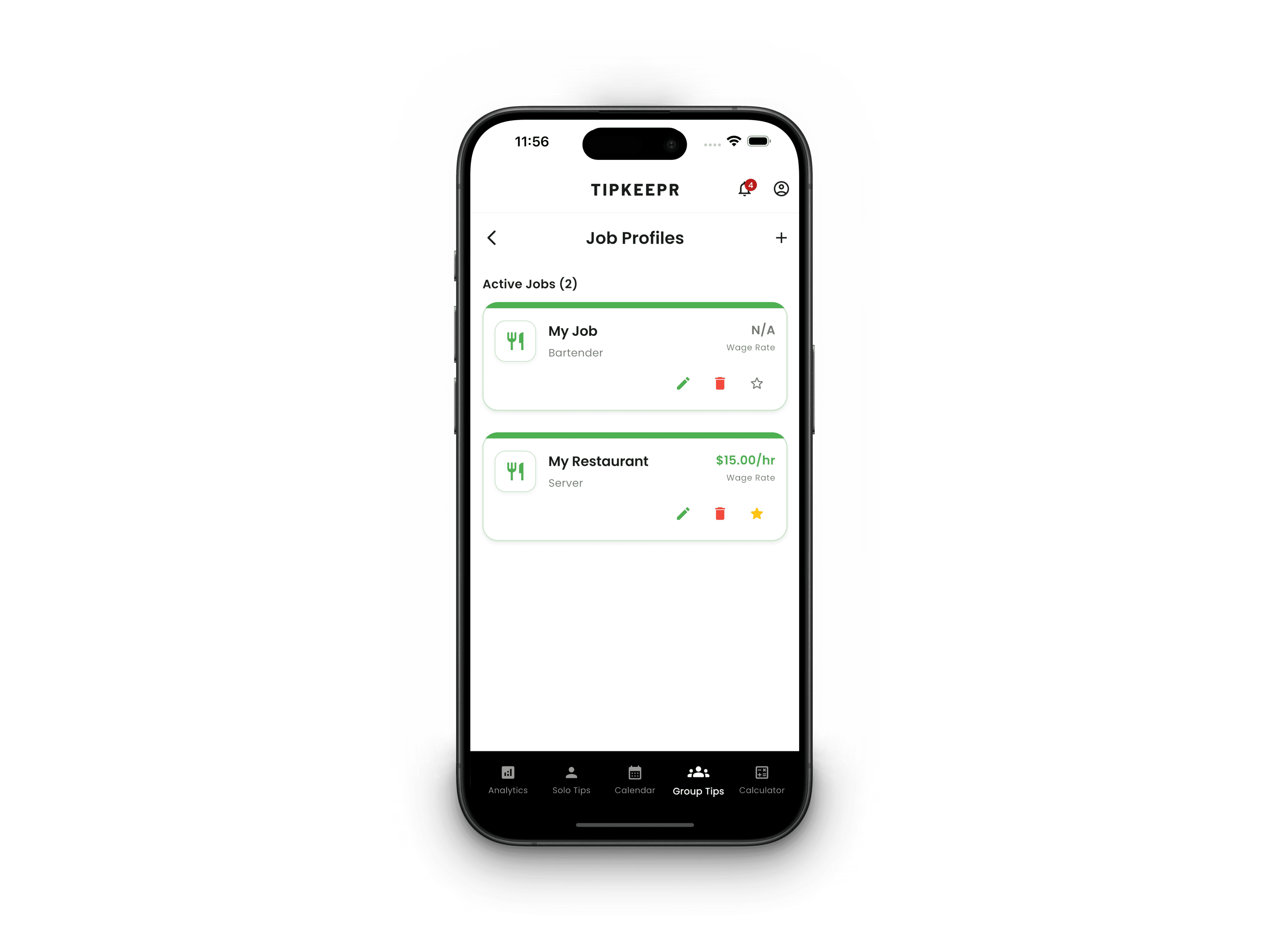 TipKeepr job profiles used to organize wages, paychecks, and tip records
