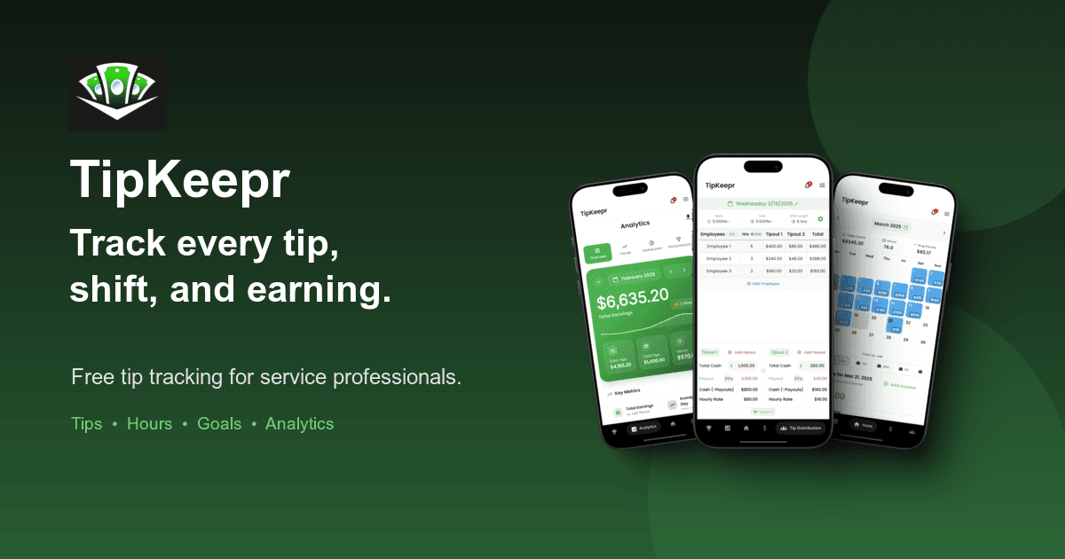 TipKeepr tip tracking app on three phones