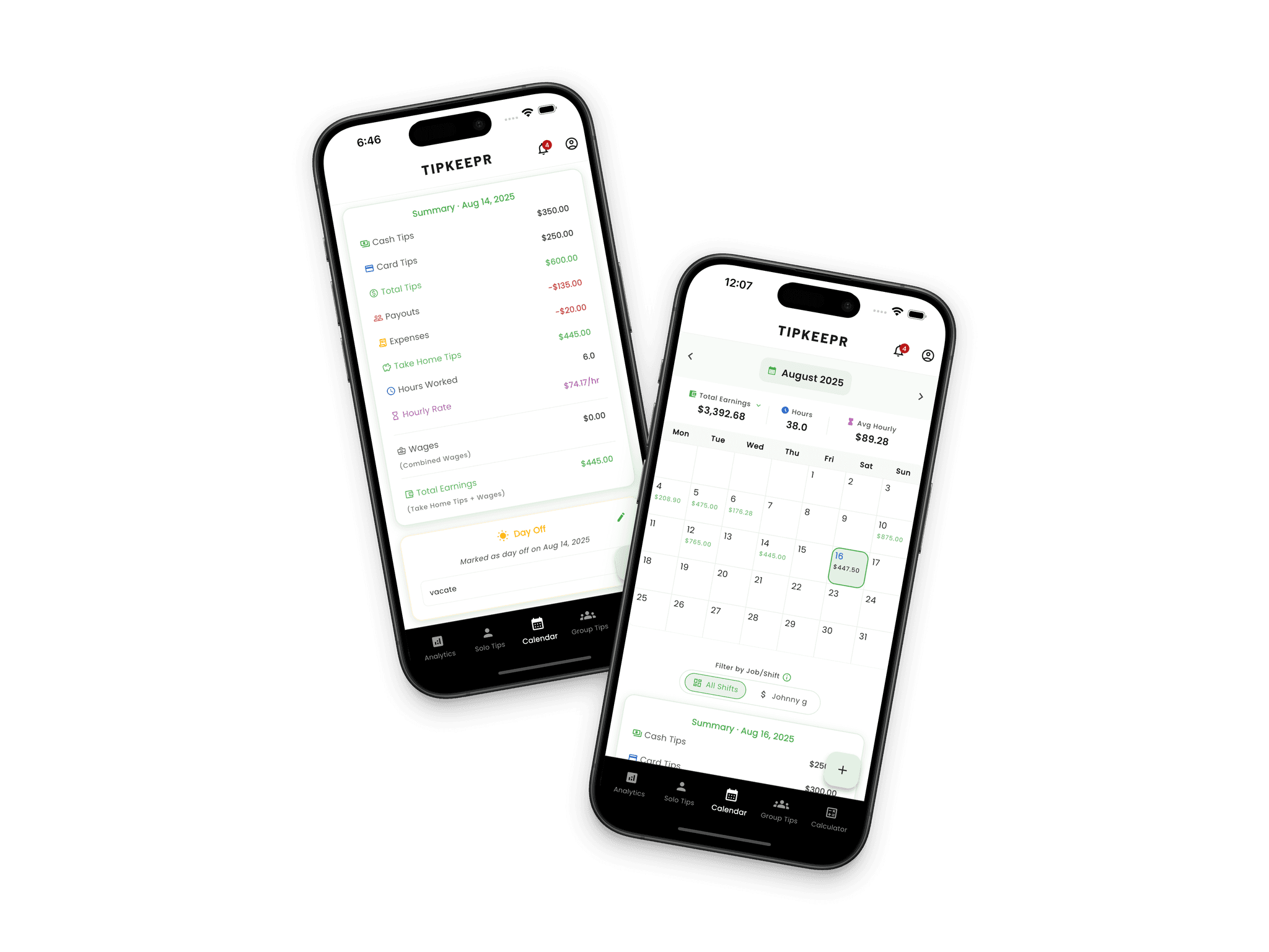 TipKeepr calendar detail showing recorded earnings