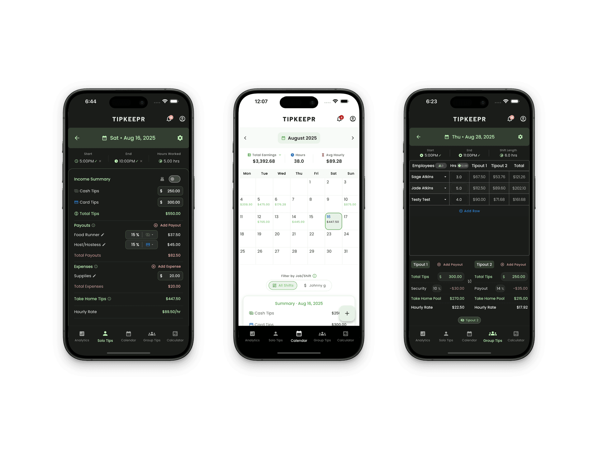 TipKeepr calendar and daily tip entry screens
