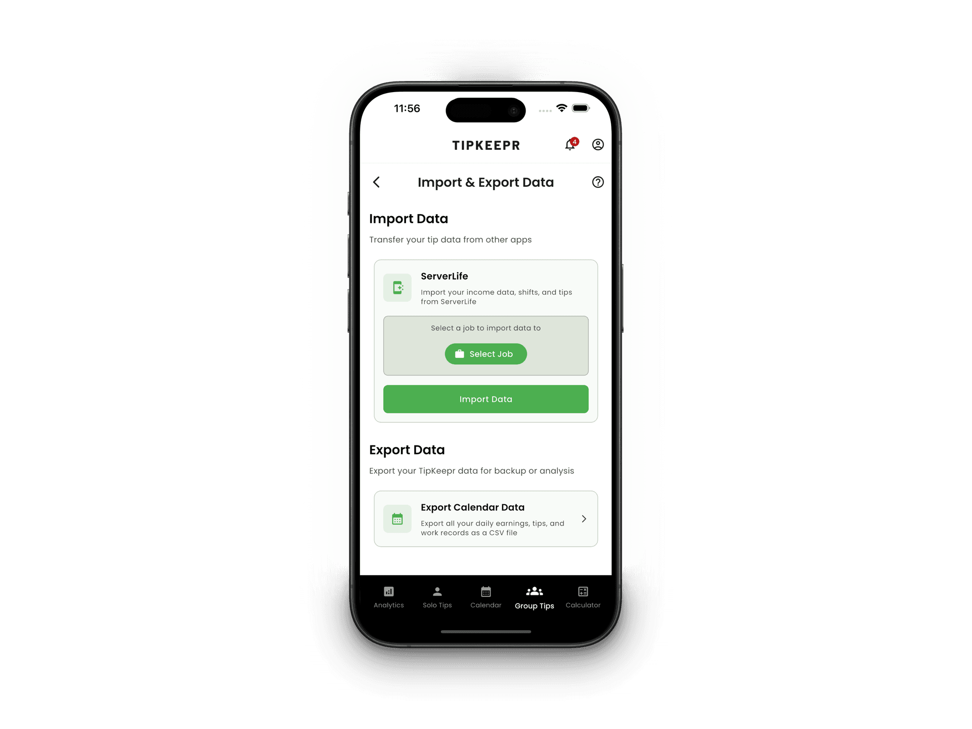 TipKeepr import and export data screen