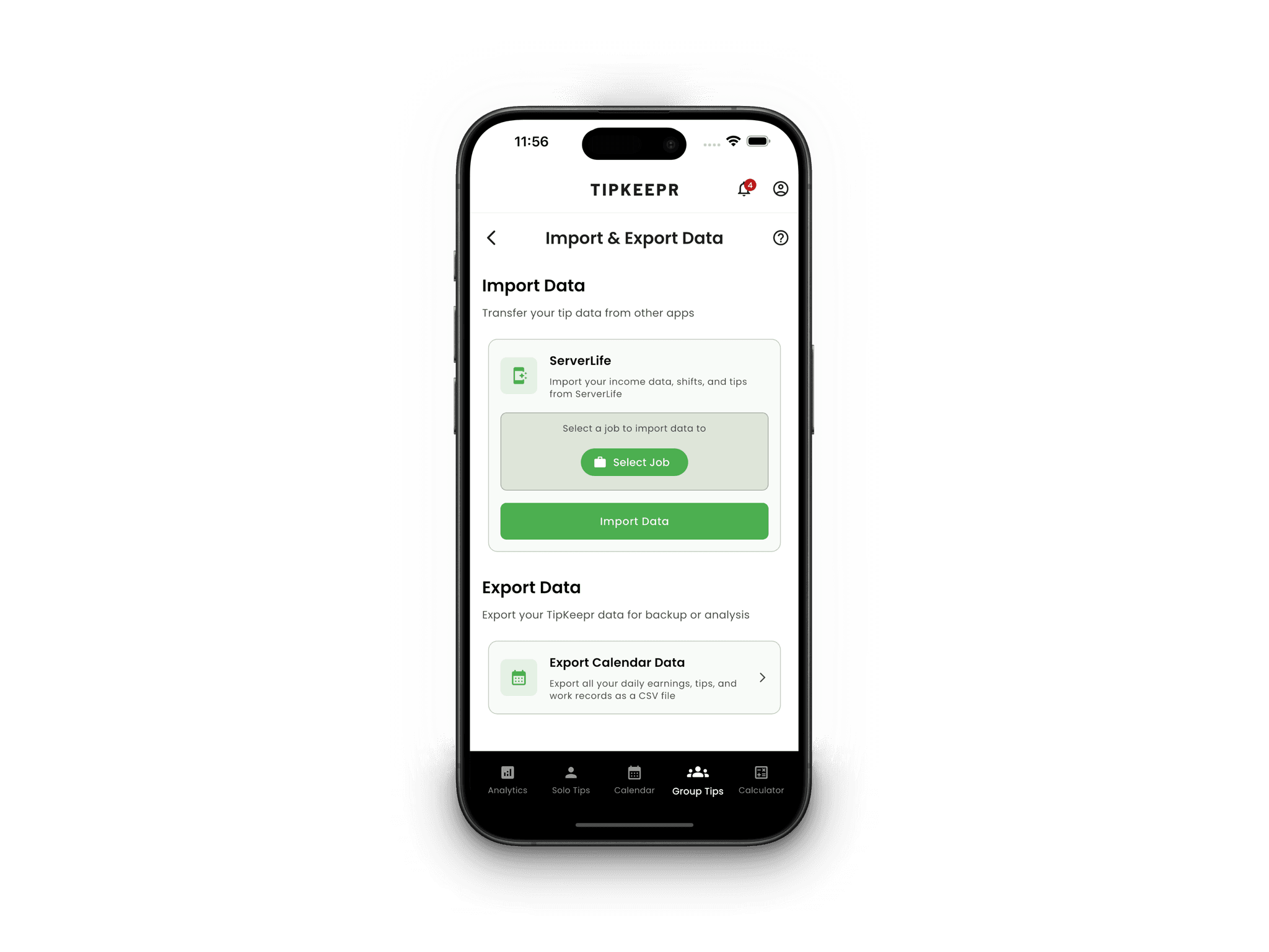 TipKeepr data import and export screen