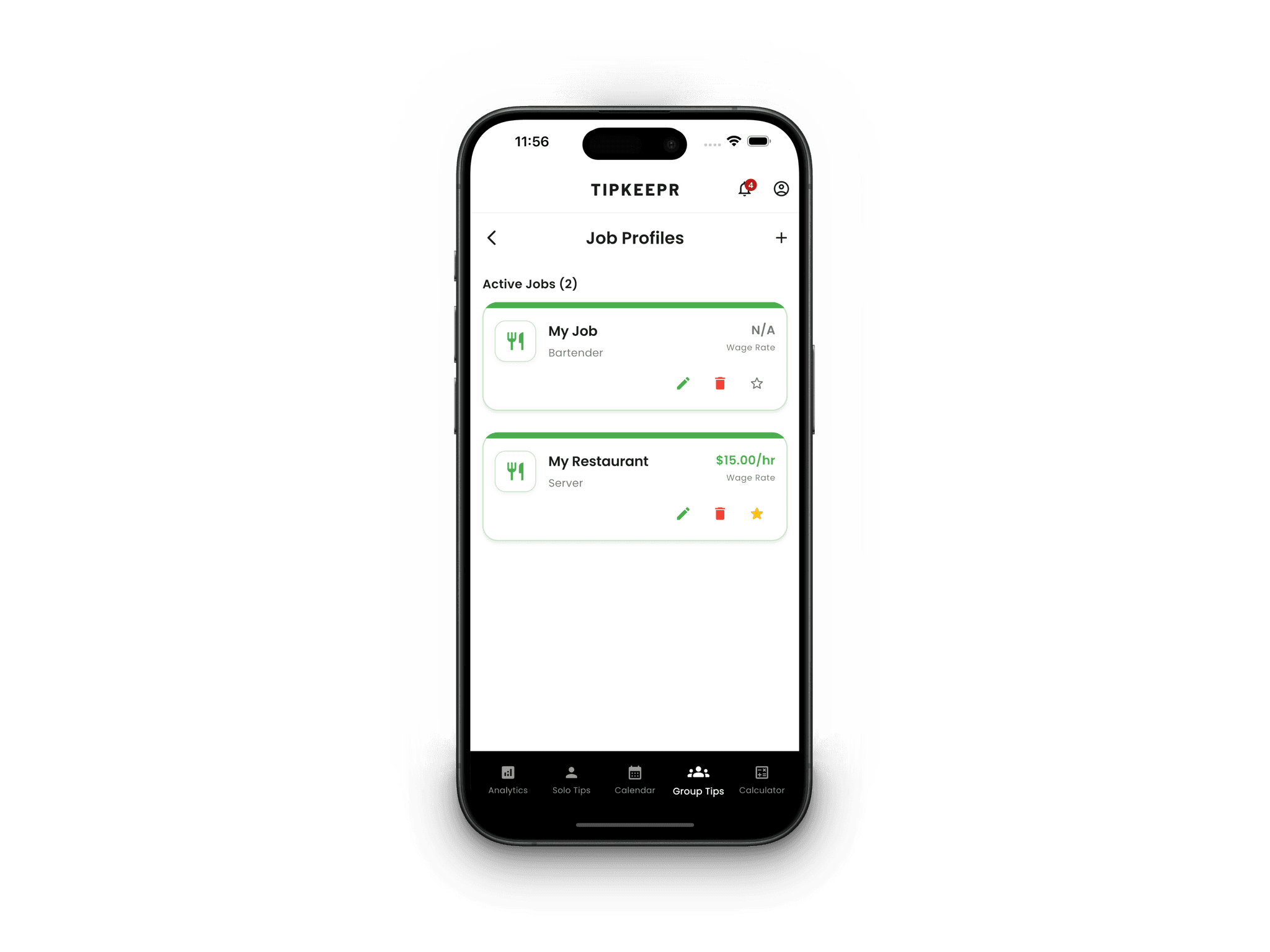 TipKeepr job profile screen for organizing work records