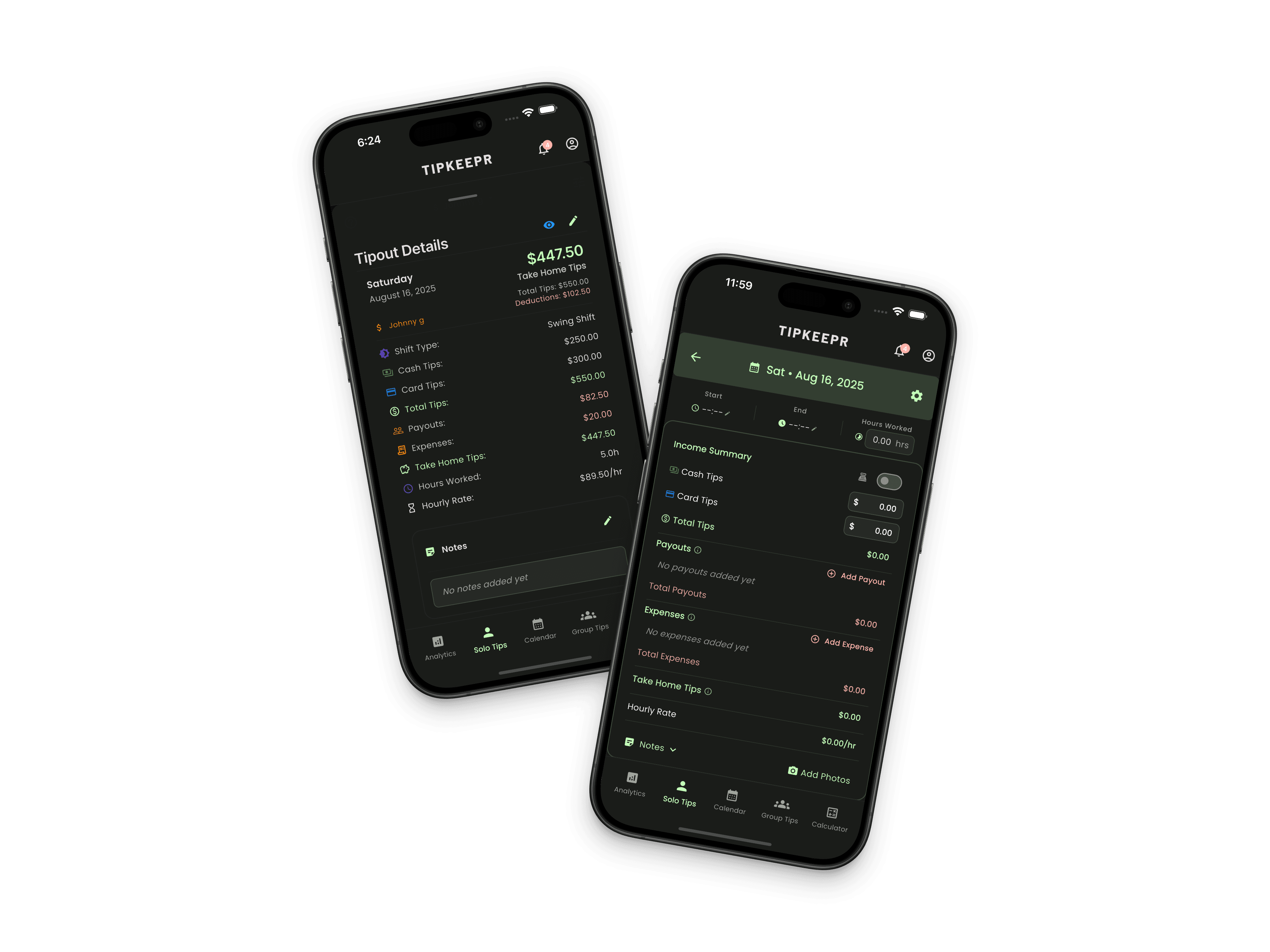 TipKeepr mobile shift entry showing cash tips, card tips, and hours