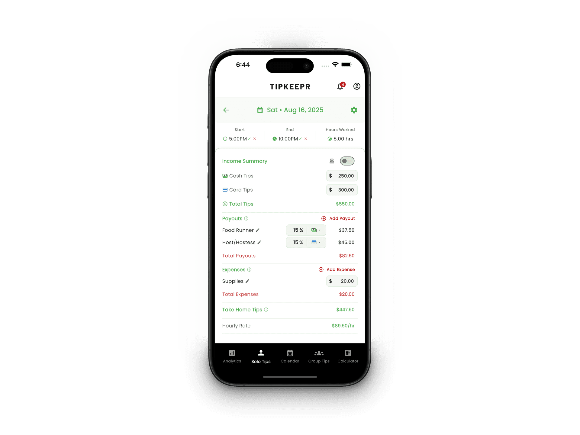 Completed TipKeepr entry with tip and shift details