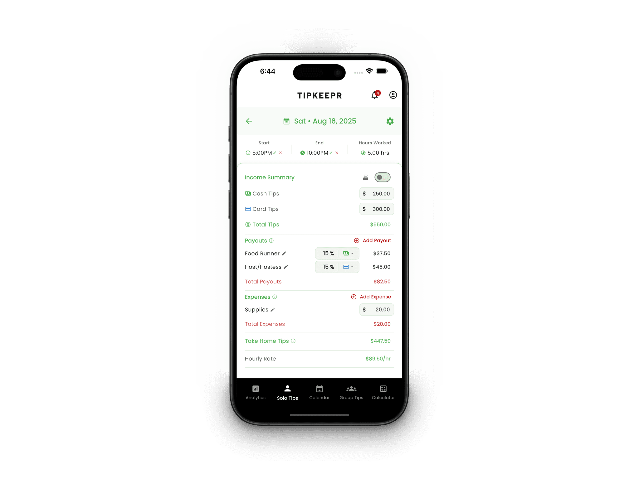 TipKeepr screen with a completed cash and card tip entry