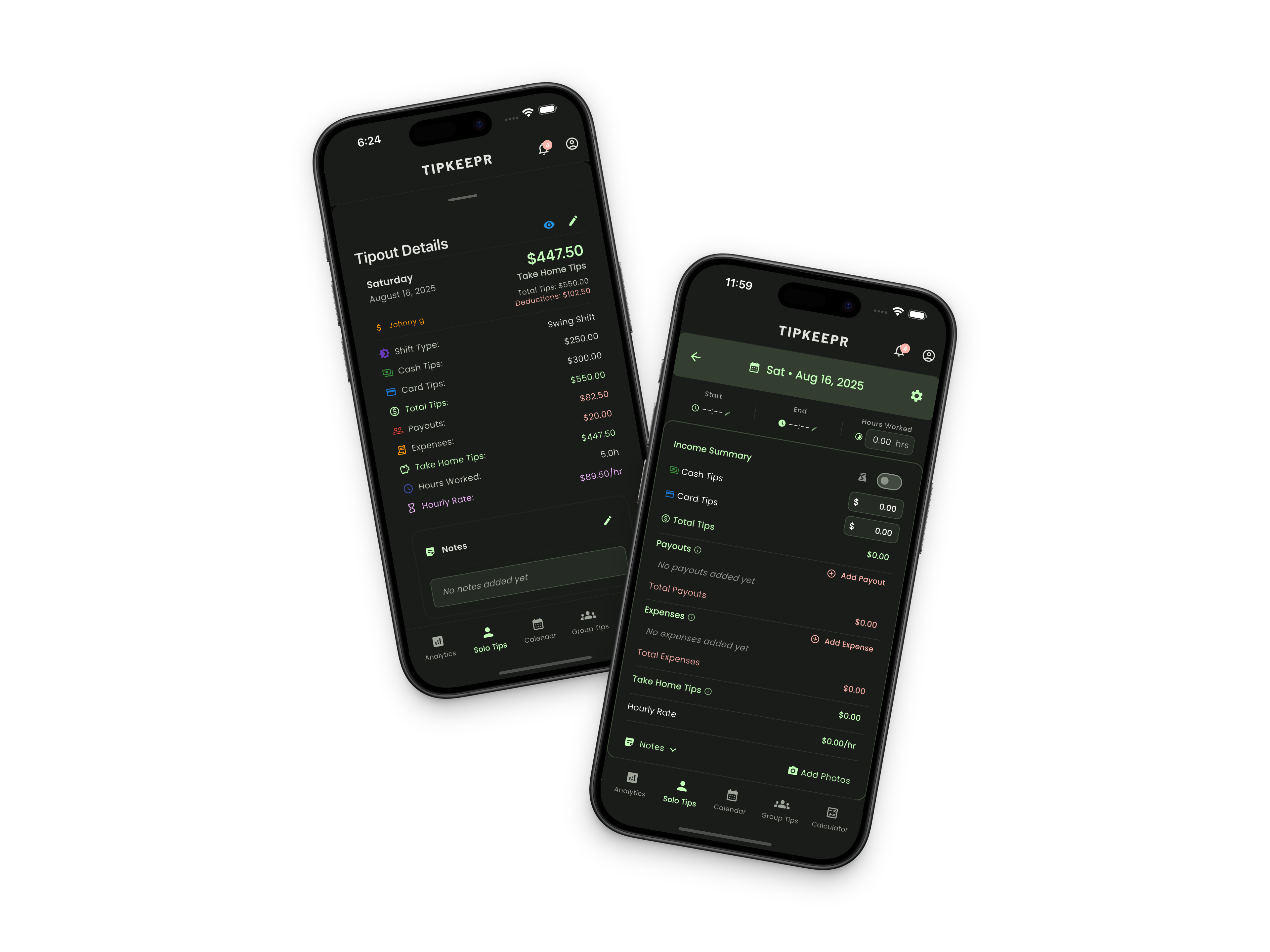 TipKeepr mobile app showing quick tip entry interface